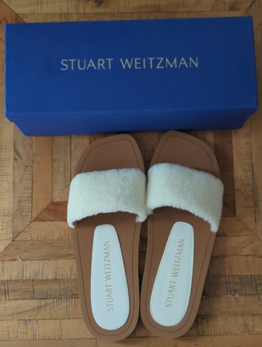Stuart Weitzman Tan Slide Sandals with Cream Shearling Strap